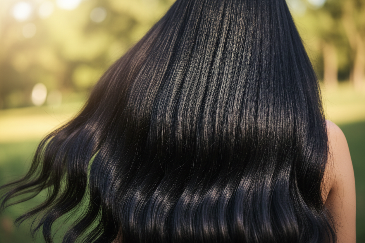 cabello largo negro y brillante